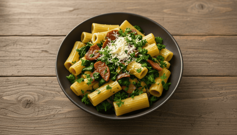 Salami, Spinach & Asparagus Rigatoni
